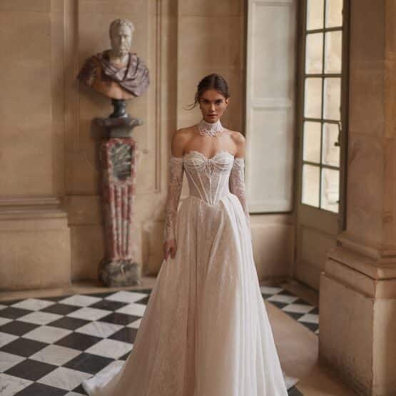 dama-hochzeitskleid-spitze-aermel-corsage-modern